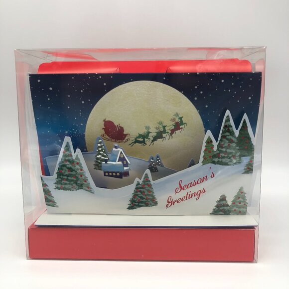 Design Focus 10 Pop-Up Cards Envelopes Santa Reindeer Flying Season's Greetings - Picture 1 of 2